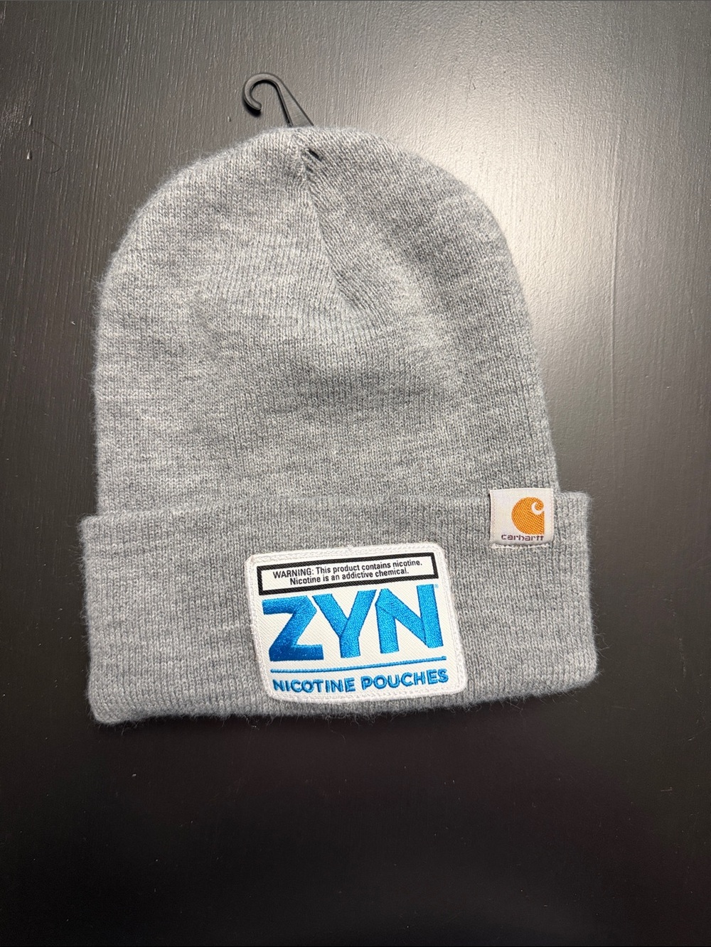 Discontinued Carhartt Gray Knit Beanie with Blue ZYN Patch